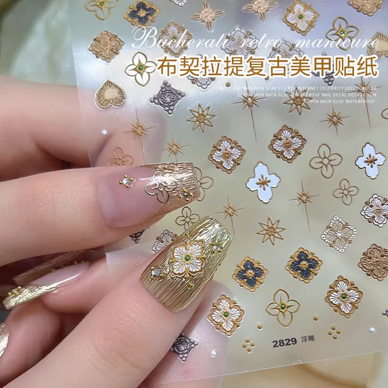 1Pc Retro Champagne Buccellati Nail Art Stickers 5D Relief Bohemia Self Adhesive Decals Boho Style Nail Design Bohemian Decals