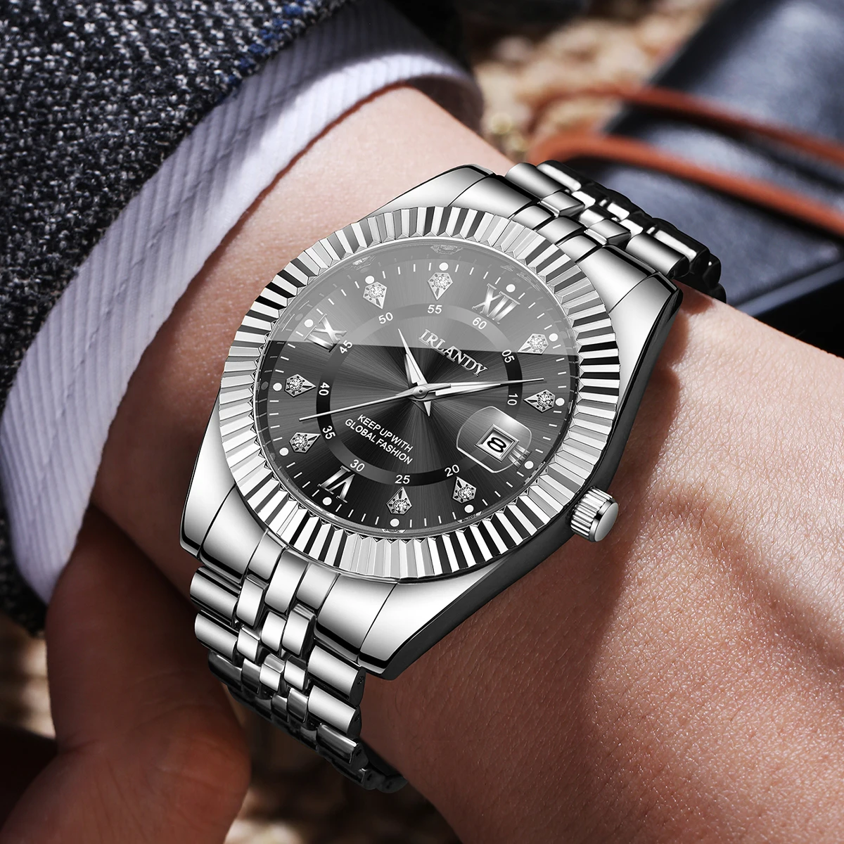 Fashion Rhinestone Men Business Watches Luxury Stainless Steel Strap Men's Calendar Quartz Watch Reloj Hombre (Without Box)