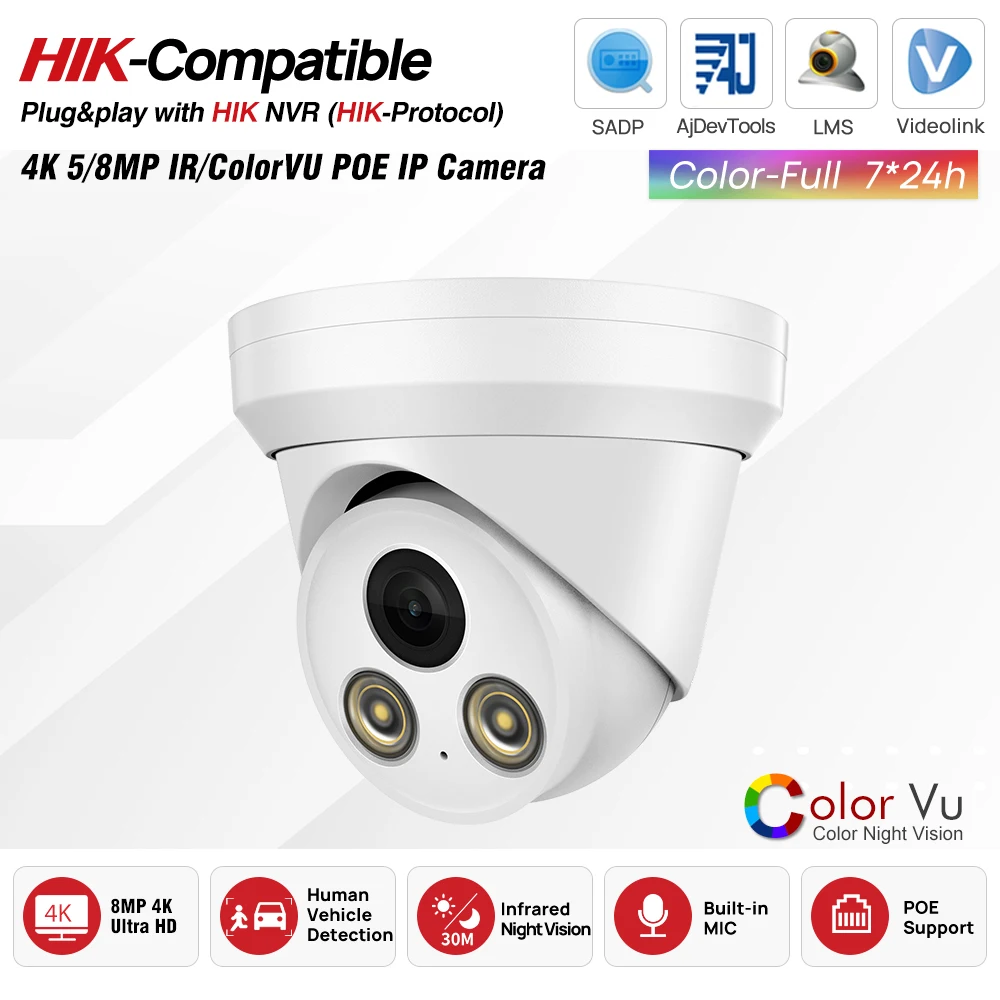 Hikvision Compatible 5mp/8MP PoE IR/ColorVu IP Camera Bulit-in Mic Security Surveillance IP Camera Plug&Play with HIK NVR