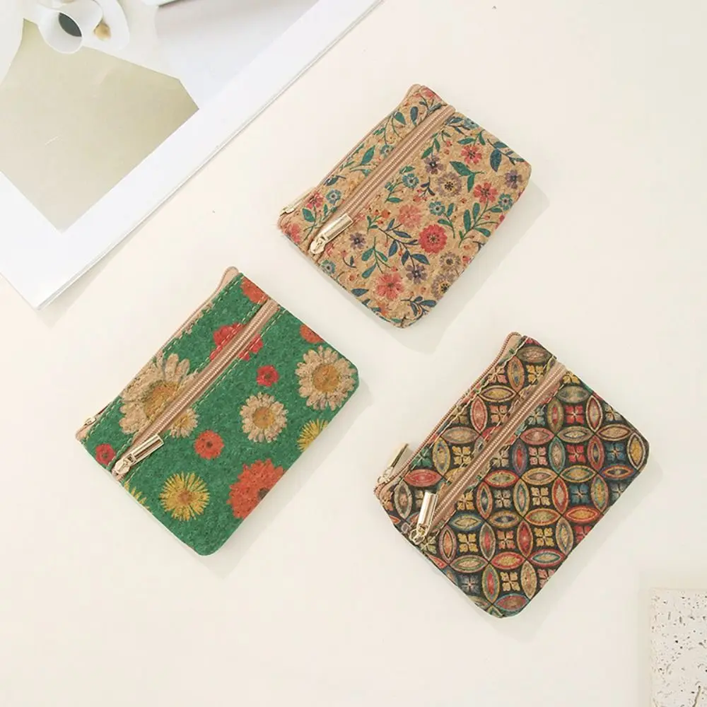 Mini Cork Coin Purse Retro Double Layer Zipper Money Bag Luxury Ethnic Style Lipstick Organizer Pouch