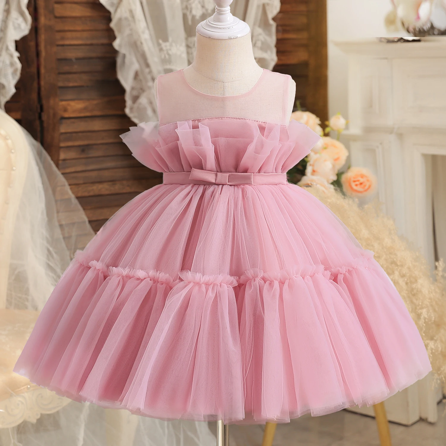 1-5Y Toddler Girls Party Dress ricamo pizzo Cute Baby 1st Birthday battesimo Vestido Ruffles bambini abiti da sera da sposa bianchi