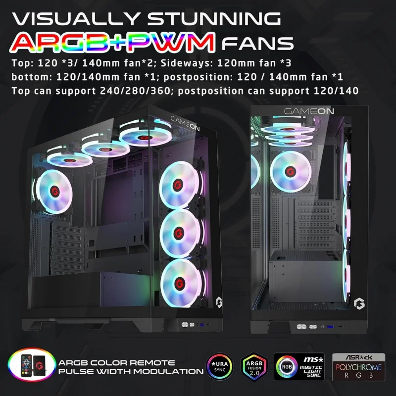 Aotesier Midnight IV Series Mid Tower PC Gaming Case, iluminación ARGB+PWM de 120 mm, vidrio templado, 7 ventiladores de refrigeración RGB preinstalados