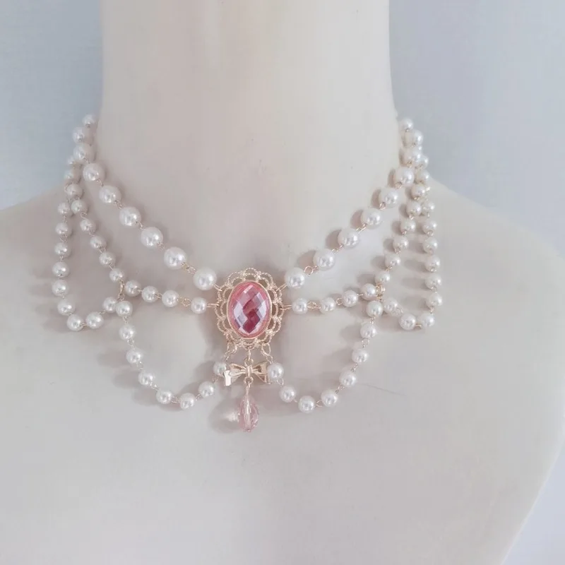 Elegant Black Layered Necklace Vintage Imitation Pearl Necklaces Gothic Victorian Lolita Costume Necklaces for Bridal Wedding