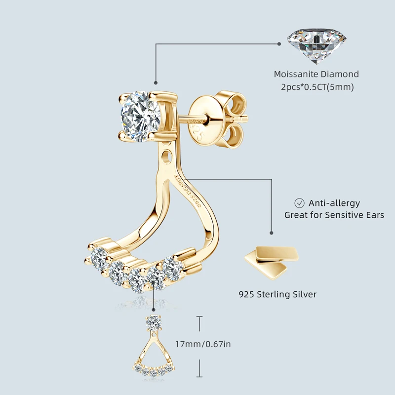 Lnngy 5mm 0.5ct Round Cut Moissanite Earring for Women 925 Sterling Silver Stud Earrings Front And Back Ear Jacket Jewelry Gift