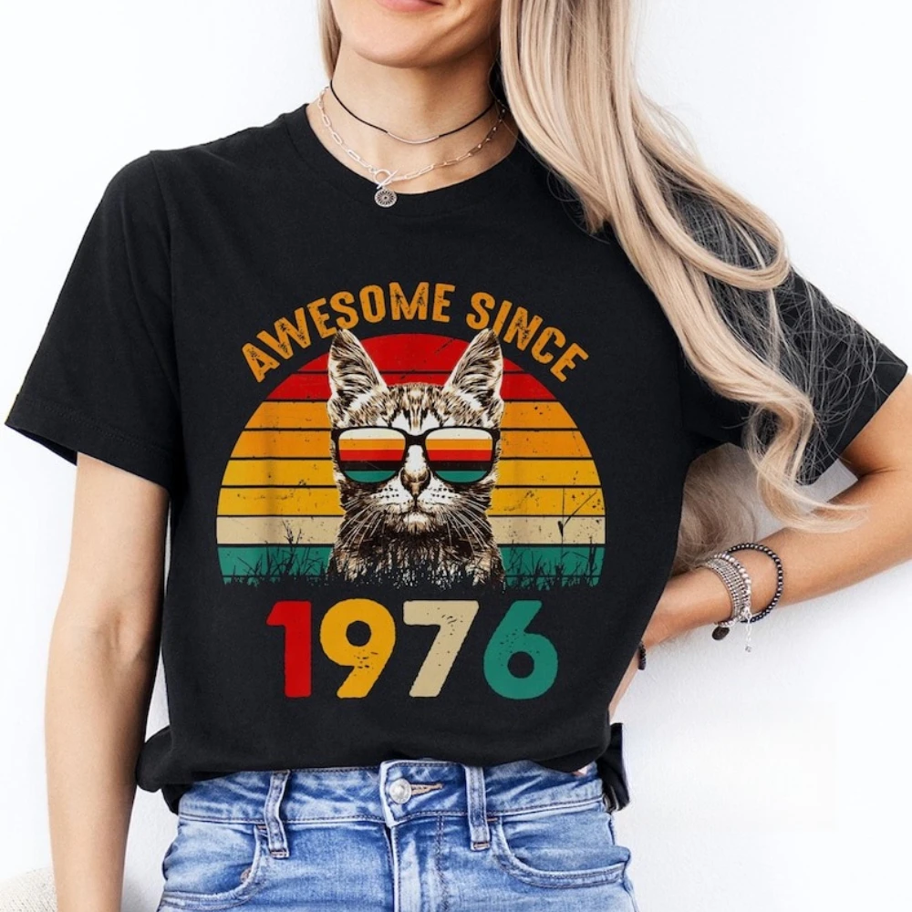 1976 Retro Cool Cat Shirt 50. Geburtstag T-Shirt Retro-Stil Unisex T-Shirt Geboren im Jahr 1976 50. Geburtstagsgeschenk Männer Frauen Freizeitkleidung