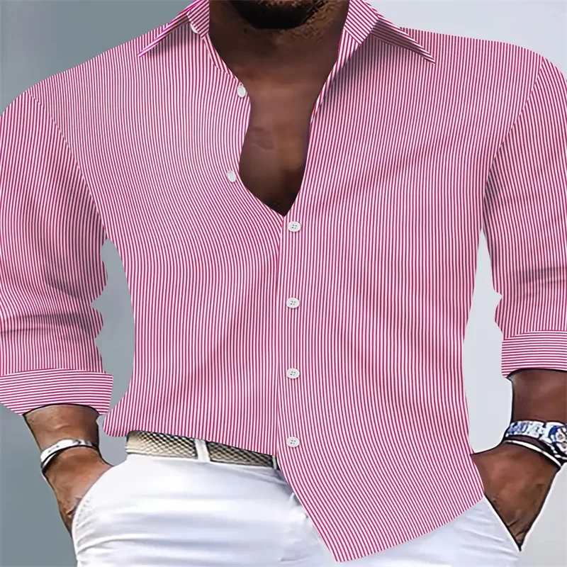 

2026 Men's Shirt Summer Shirt Casual Shirt Striped Shirt Button Lapel Black Pink Royal Blue Long Sleeve Holiday Daily Wear
