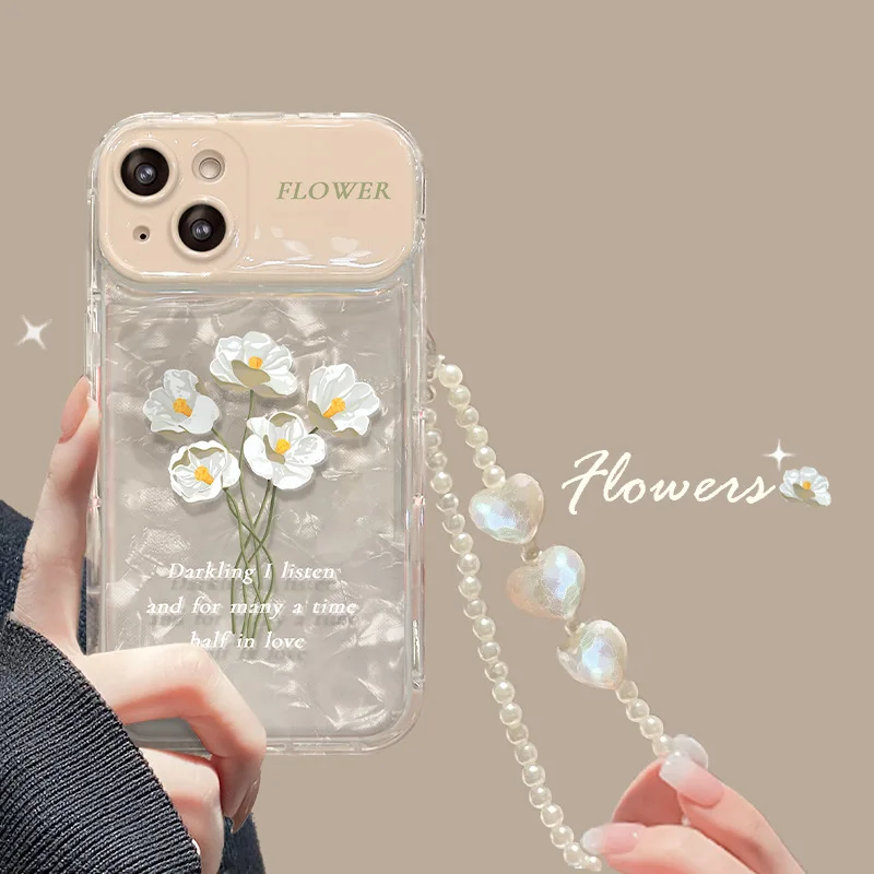 

F​lower Mirror Anti-fall Phone Case With Chain Floral For 15 ProMax iPhone 14 13 12 11 Pro Max Plus 7 8 Apple XsMax Holder Cover