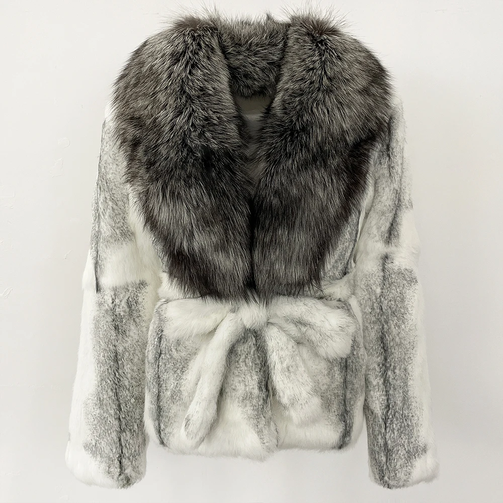 MENINA moda gruesa cálida abrigo de piel de conejo auténtico señora nuevo Otoño Invierno Top ropa mujer manga larga cuello de piel de zorro chaqueta mullida