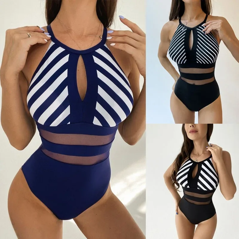 

Striped Plunging One-Piece Swimsuit Women Sports 2023 Swimwear Vintage Bodysuit Summer Beach Bathing Suit