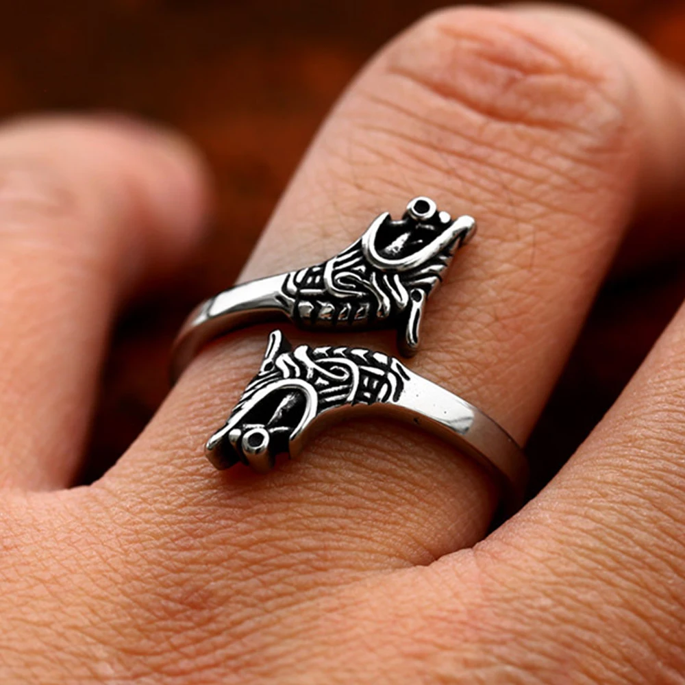 

Fashion Vintage Viking Dragon Head Ring Creative Stainless Steel Men's Open Animal Ring Punk Biker Amulet Jewelry Gift Wholesale