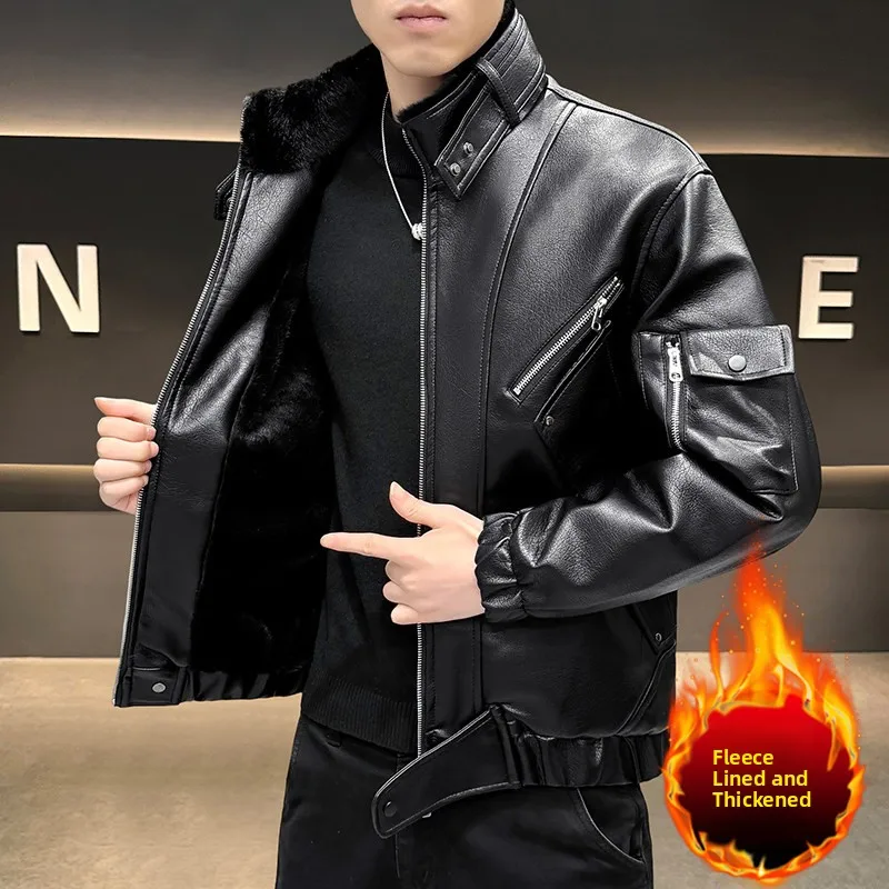 

Мужская модная повседневная куртка-косуха, новая зимняя, с меховой подкладкой, воротник-стойка, кожаное пальто, хлопковая одежда, длинный рукав