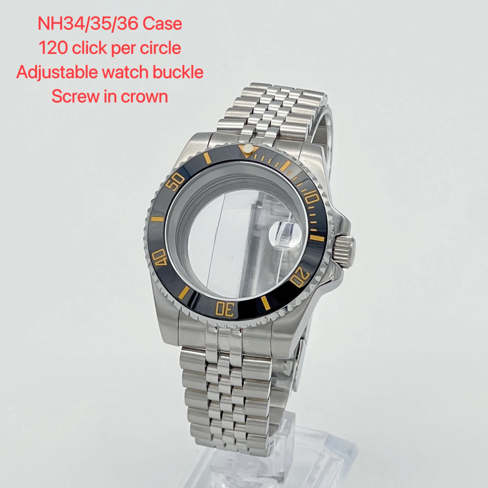 SUB Modified parts，NH35 case, Golden letter ceramic ring，silver stainless steel Silver Jubilee bracelet,  NH34/NH35/36