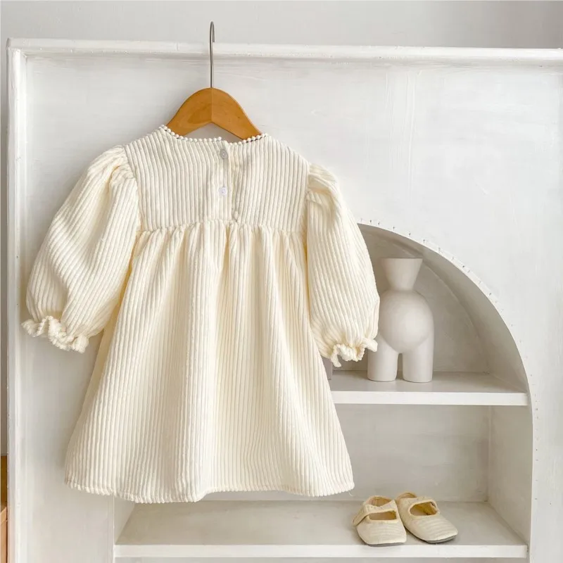 2024 Spring New Infant Baby Girl Dress Corduroy Embroidered Flower Pullover Long Sleeve Solid Dress Cute Newborn Girl Vestido