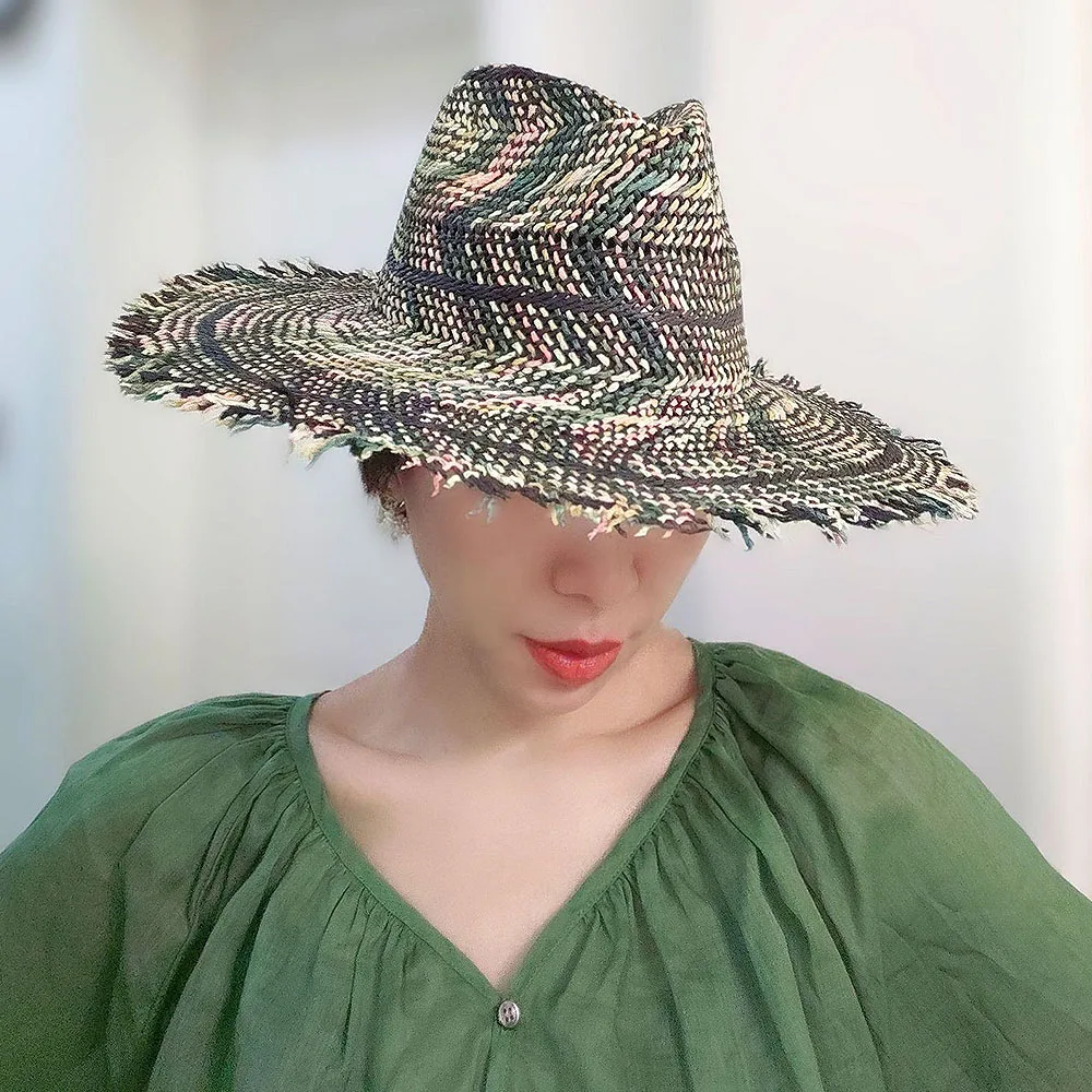 Luxury Designer Tie Die Straw Hat for Wome Panama Hat Summer Fedora Hat Fringed Wide Brim Sun Hat Party Show Holiday Beach Hat