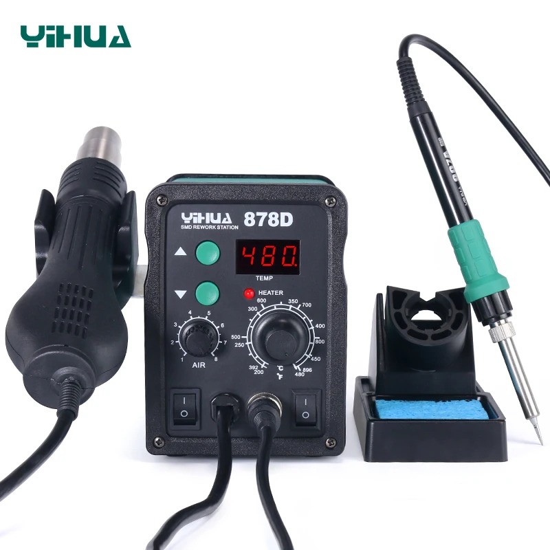 YIHUA 878D 2 في 1 مكافحة ساكنة درجة حرارة ثابتة شاشة ديجيتال مصلحة الارصاد الجوية مسدس هواء ساخن سبيكة لحام محطة لحام