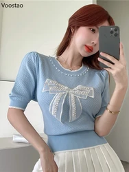 T-shirt lavorate a maglia con scollo a o dolce estate donna elegante Chic Mesh Bow Nail Bead top manica corta donna coreana moda Casual Tees