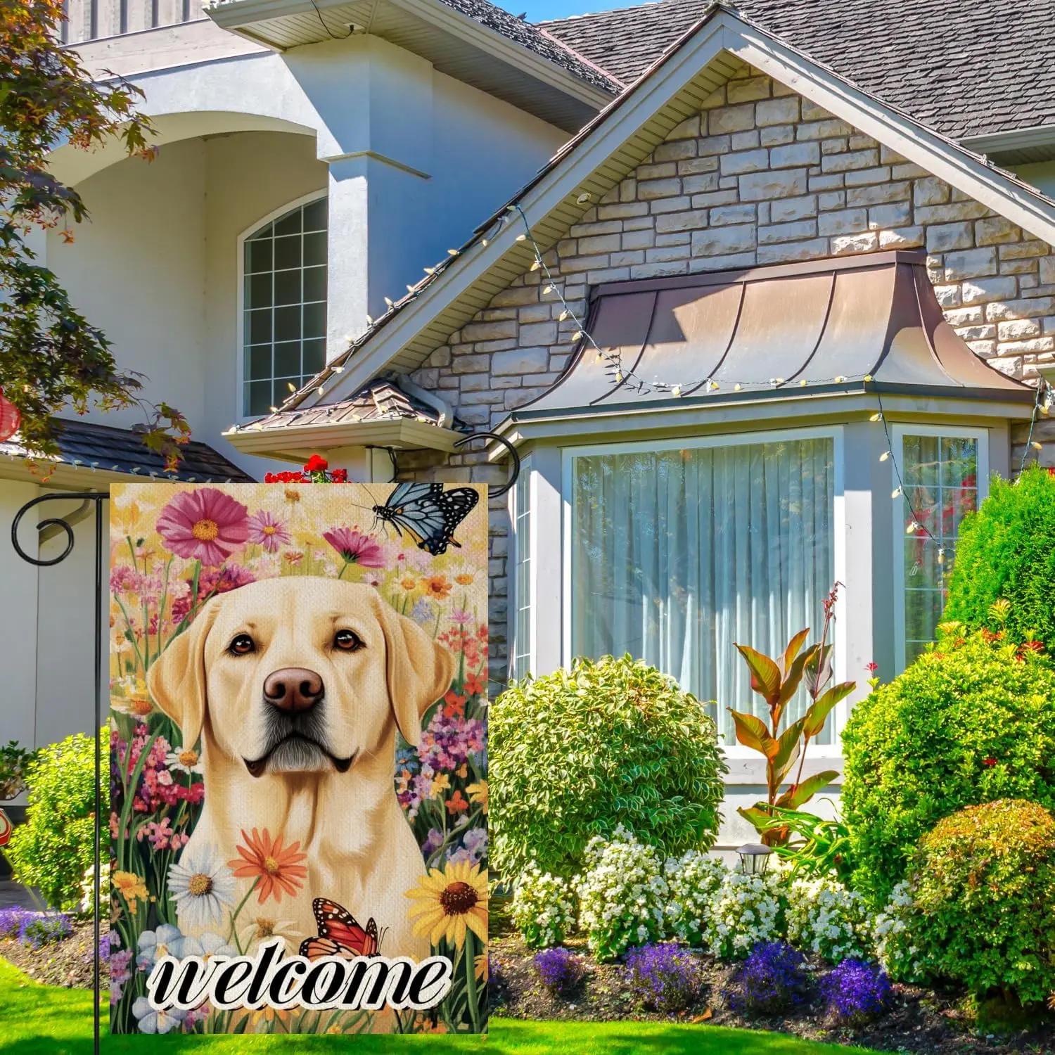 Wordatu Welcome Spring Labrador Retriever Garden Flag 12x18 Double Sided, Linen Small Flower and Butterflies Garden Yard Hou uui