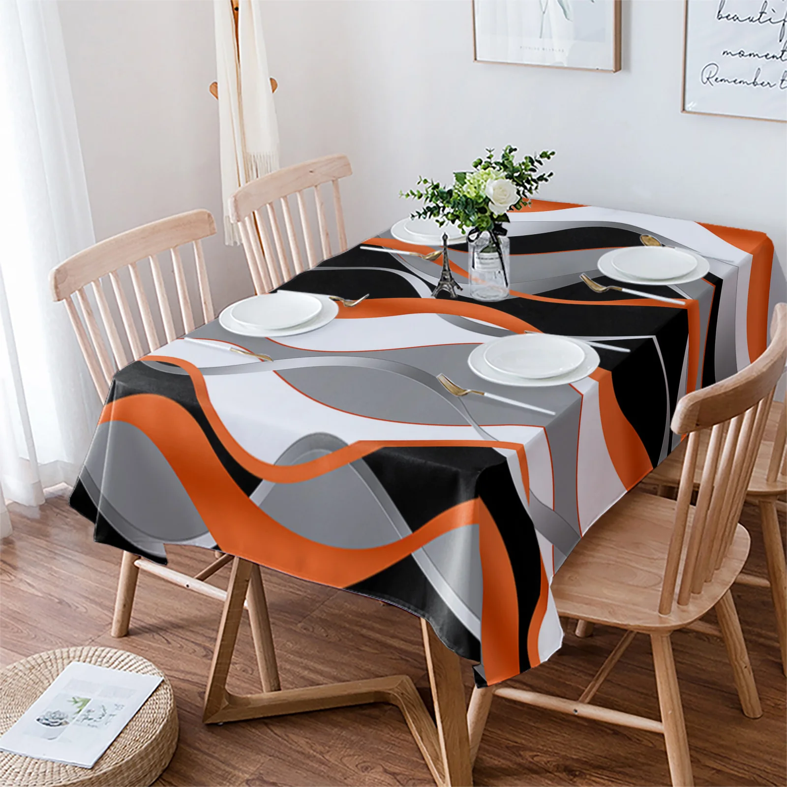 Abstract Lines Orange Tablecloth Waterproof Dining Table Party Rectangular Round Tablecloth Home Textile Kitchen Decoration