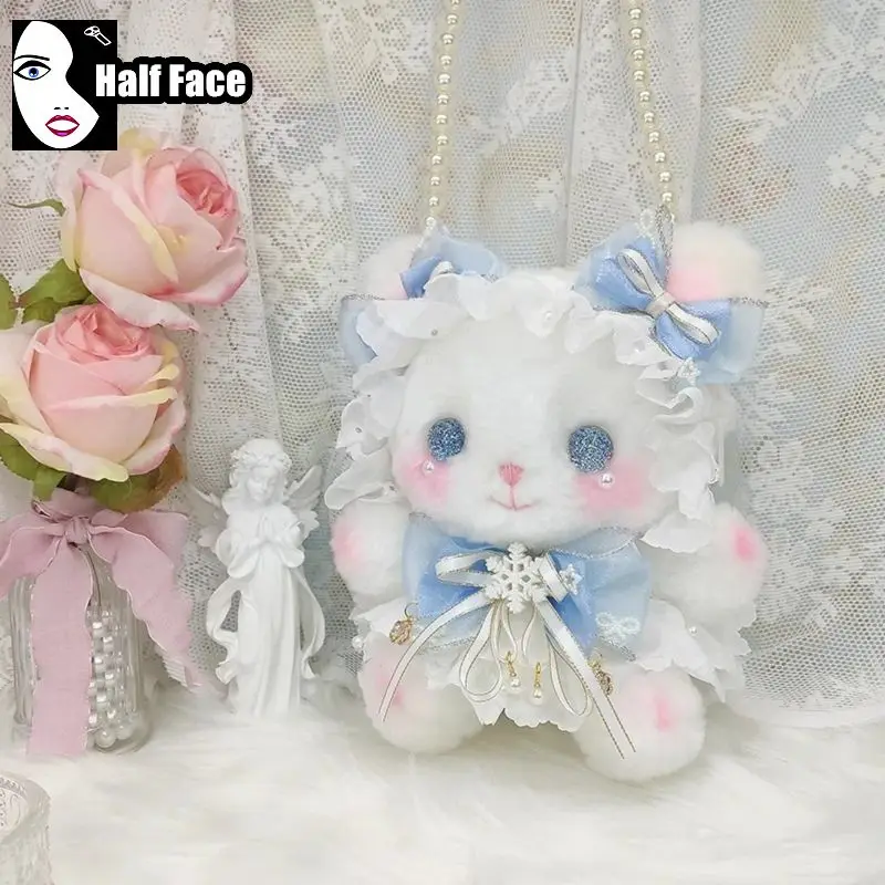 Y2K Girls Harajuku Gothic Women’s Punk One Shoulder Lolita Cute Rabbit Bow Furry Pearl Chain Small Capacity Crossbody Bags Tote