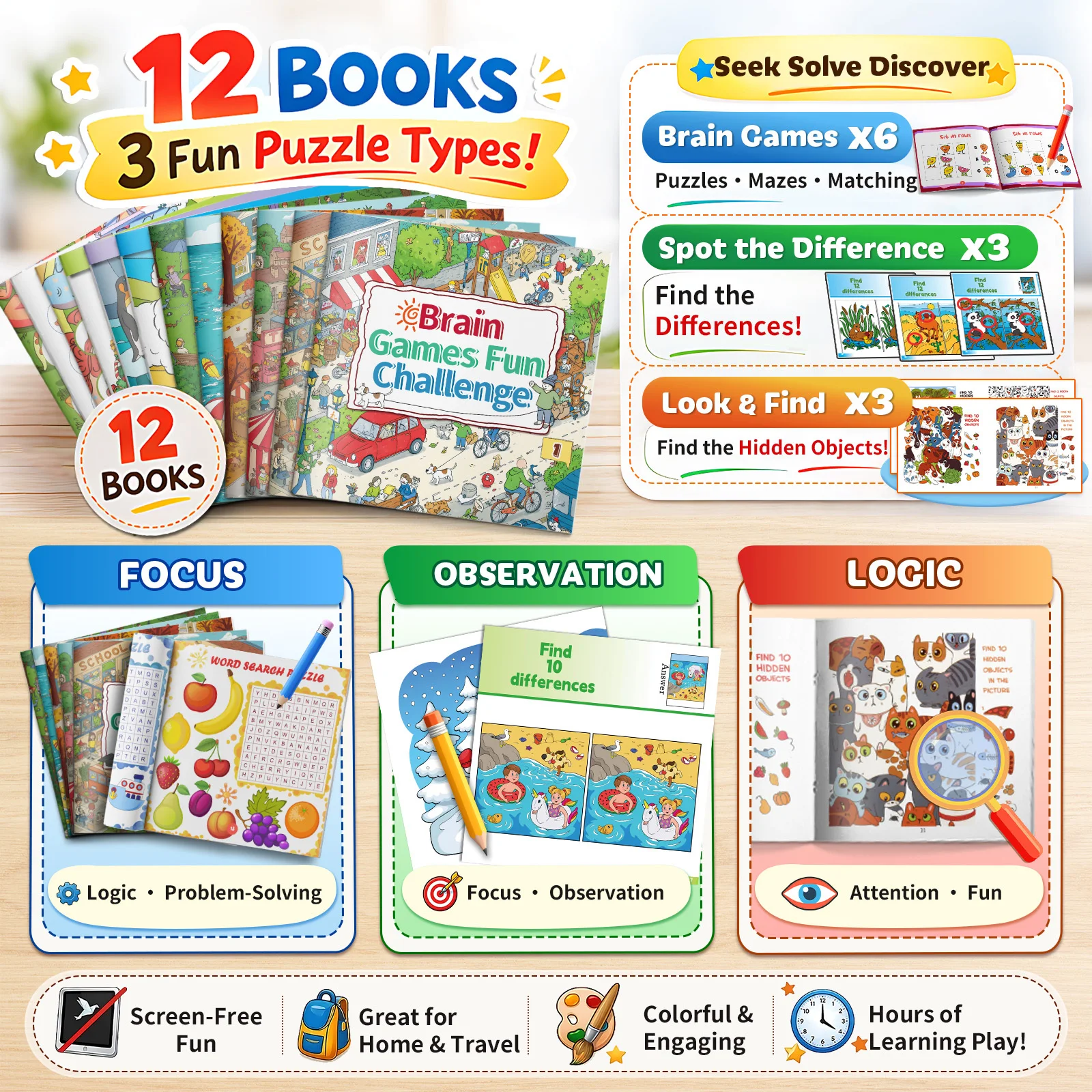 Visual Skills and Focus Challenge Set for Kids, A 12-Book Collection Combining Brain Games, Spot-the-Difference