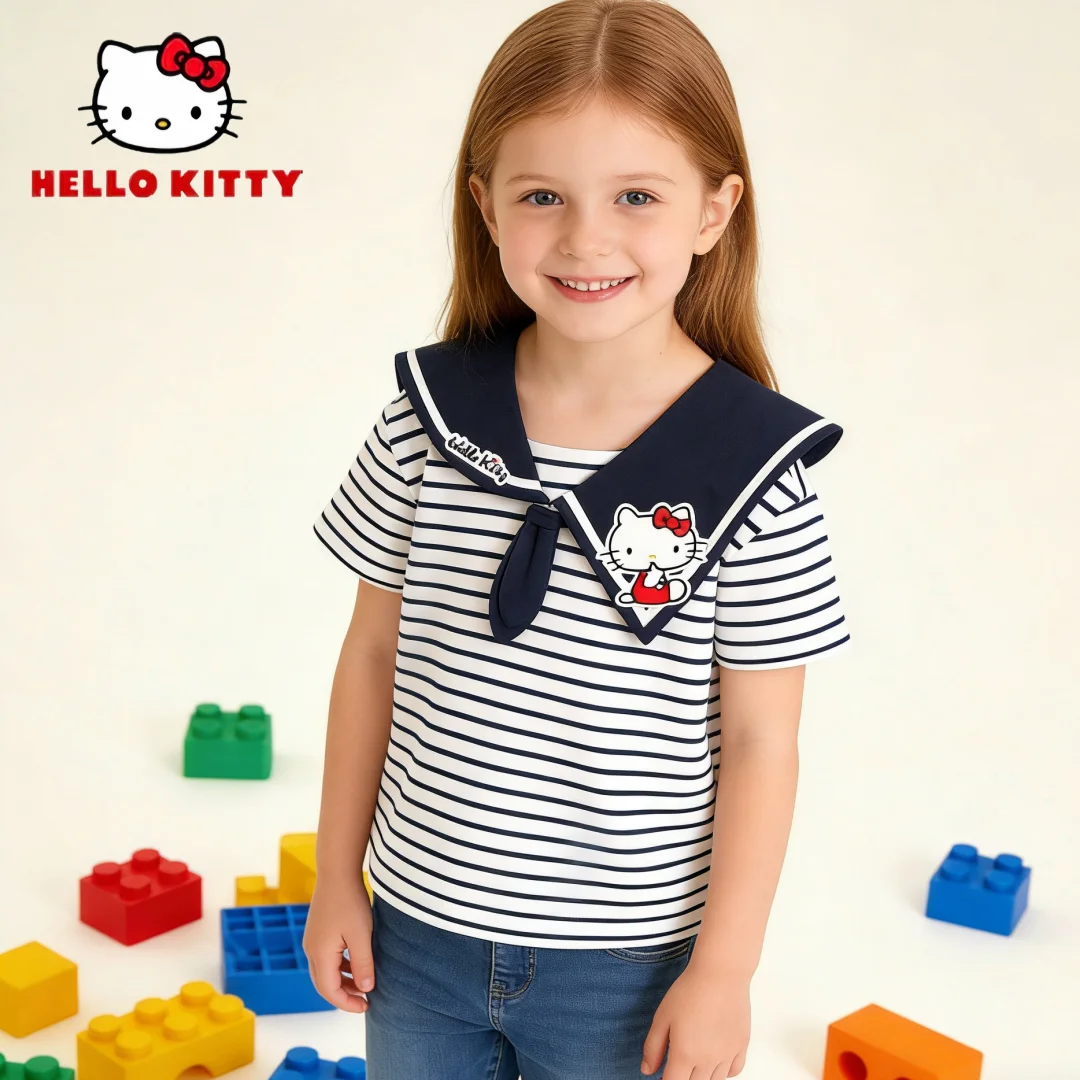 

Hello Kitty Kids Navy Style Short-sleeved T-Shirt Girl Striped Classic style Short-sleeved Comfortable Breathable Short-sleeved