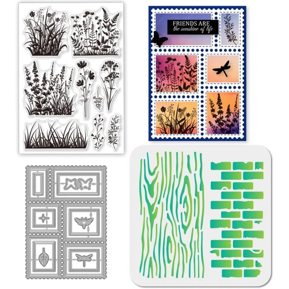 Wildflower Weeds Silicone Clear Stamps Metal Postage Stamp Frame Cutting Die Cuts PET Paint Craft Stencils Template