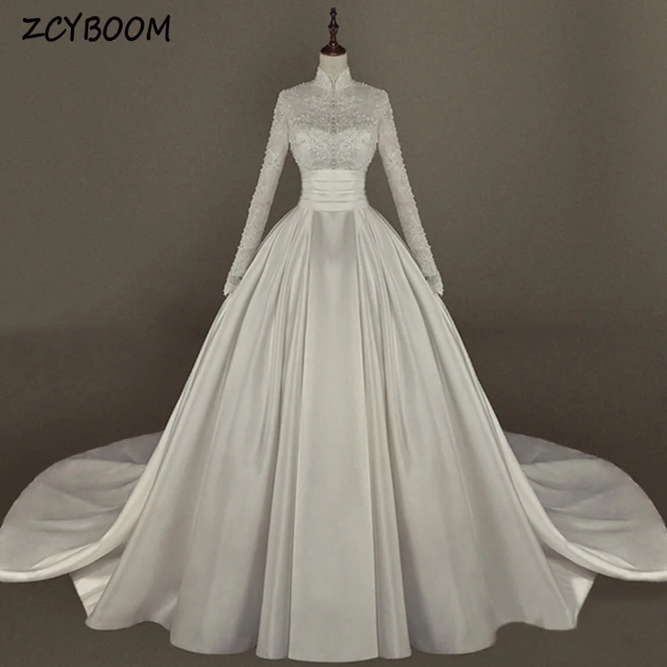 Elegante vestido de casamento branco com apliques de lantejoulas de gola alta, vestido de baile, mangas compridas, trem varredor, vestido de noiva muçulmano, 2024