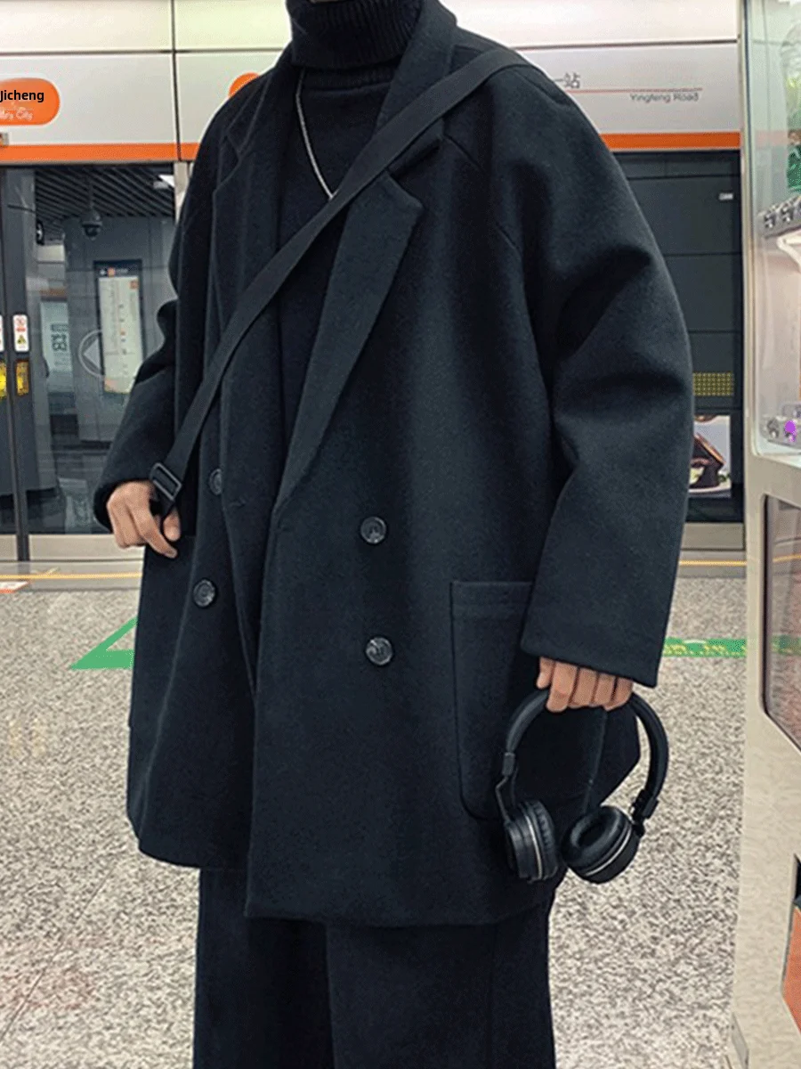 

Men's Woolen Coat Autumn Winter ort Thiened Korean Sle Trendy INS High-End Suiting Windbreaker Jaet Large Size Casual