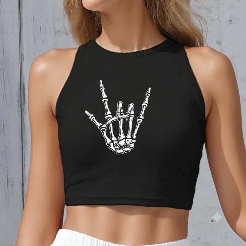 Nadanbao Skeleton Hand Print Crop Top Sommer Schwarz Orange Ärmellose Tanktops Damen O-Ausschnitt Kurze Weste Halloween Party Lustiges Top – Detail 5