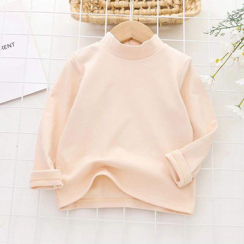 Girls T-shirt Solid Thermal Underwear Long Sleeve Casual Autumn Winter High Collar Thin Velvet Heating Tops 6 8 10 12 Years