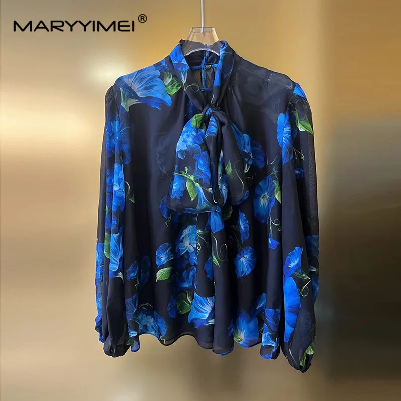 MARYYIMEI New Vintage Silk Scarf Collar Printed High-Quality Shirt + Cotton Blue Flower Printed Skirt Two-Piece Set