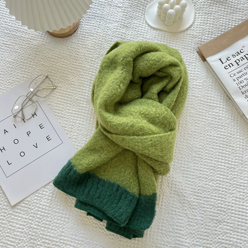 Korean Version Green Knitted Scarf For Women Winter Soft And Glutinous Solid Color Shawl For Women