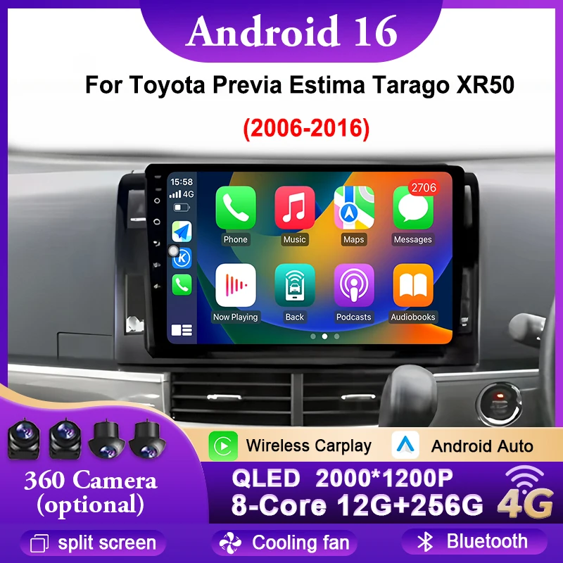 Android 16 Auto Car Radio For Toyota Previa Estima Tarago XR50  2006-2016 Multimedia QLED Screen Navigation GPS Bluetooth WIFI