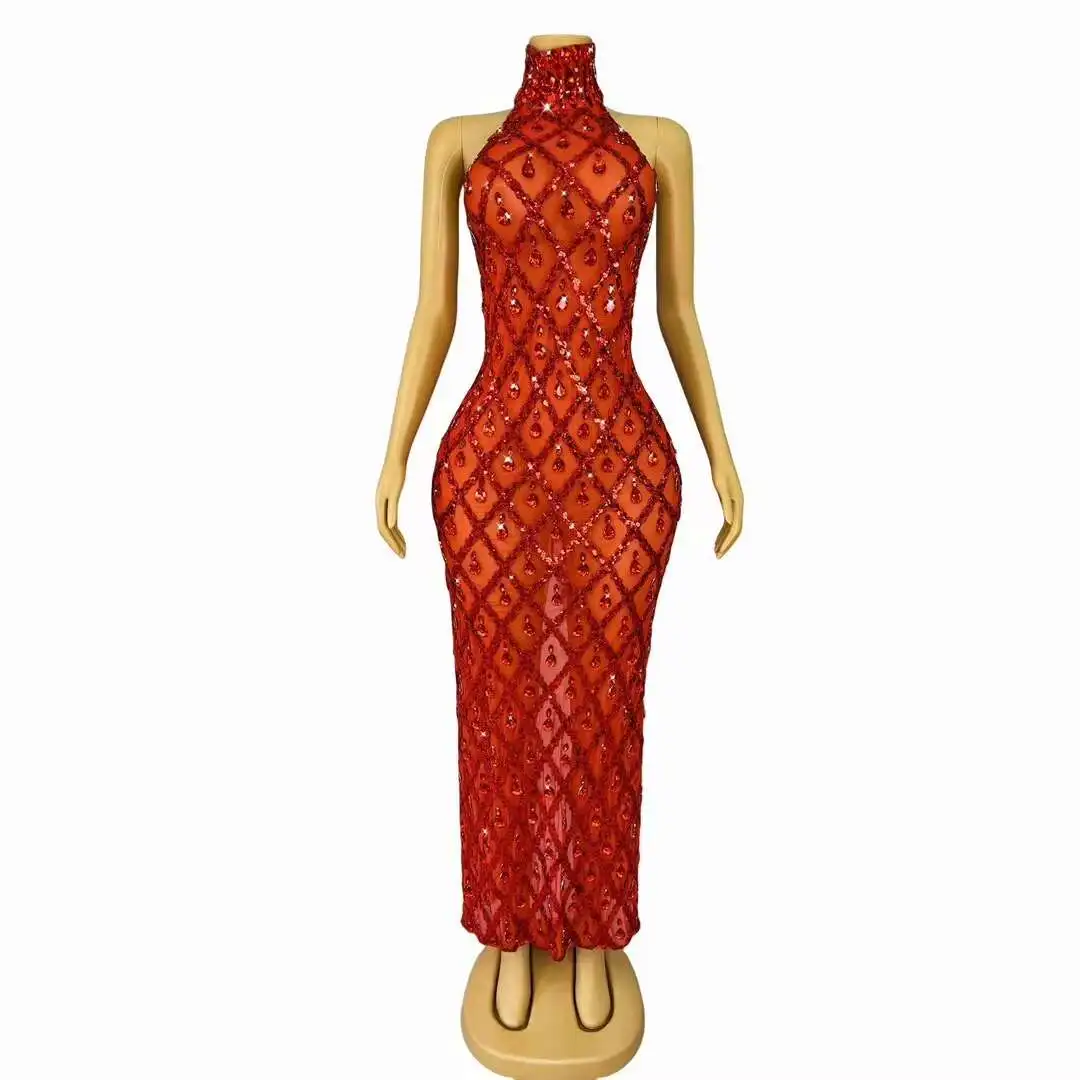 Vestido de lantejoulas de strass vermelho brilhante feminino, baile, vestido de aniversário, performance transparente, cantor, clube, vestido anfitrião, Shaokaojia