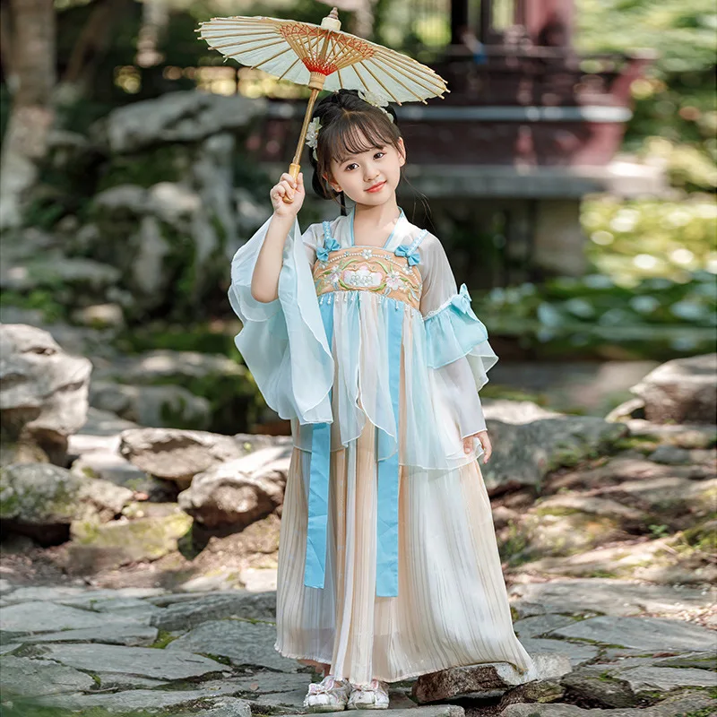 Hanfu-ropa tradicional china, traje Tang clásico mejorado, bordado de flores, vestido Multicolor, atuendo para niñas en primavera