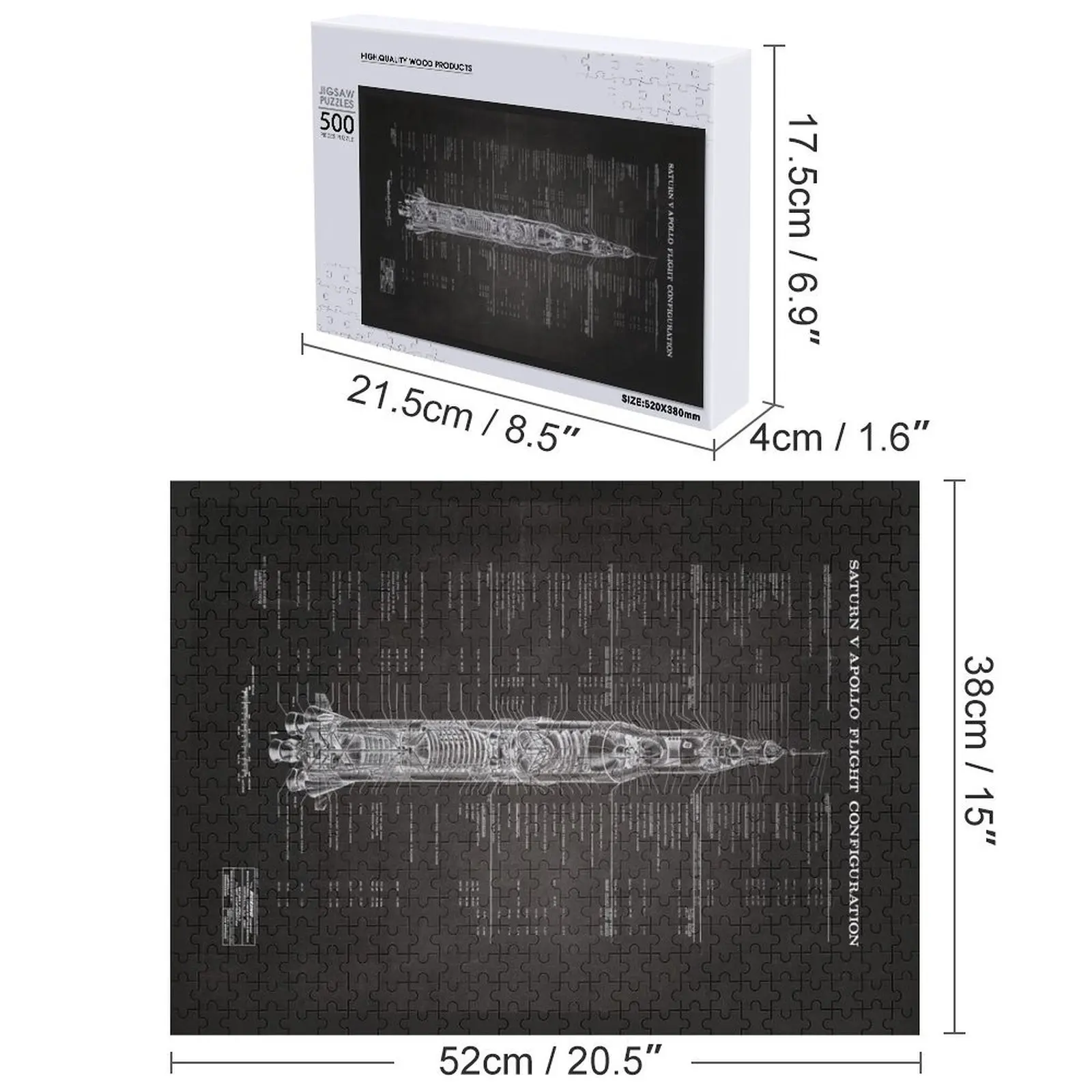 Apollo Saturn V plan en haute résolution (noir) Puzzle photo objet bébé personnalisé Puzzle en bois adulte