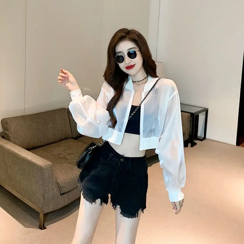 The New Korean Version of The Sunscreen Cardigan Short Summer Fashion Transparent Flow of Light Thin Jacket Women\'s Coat Blouse