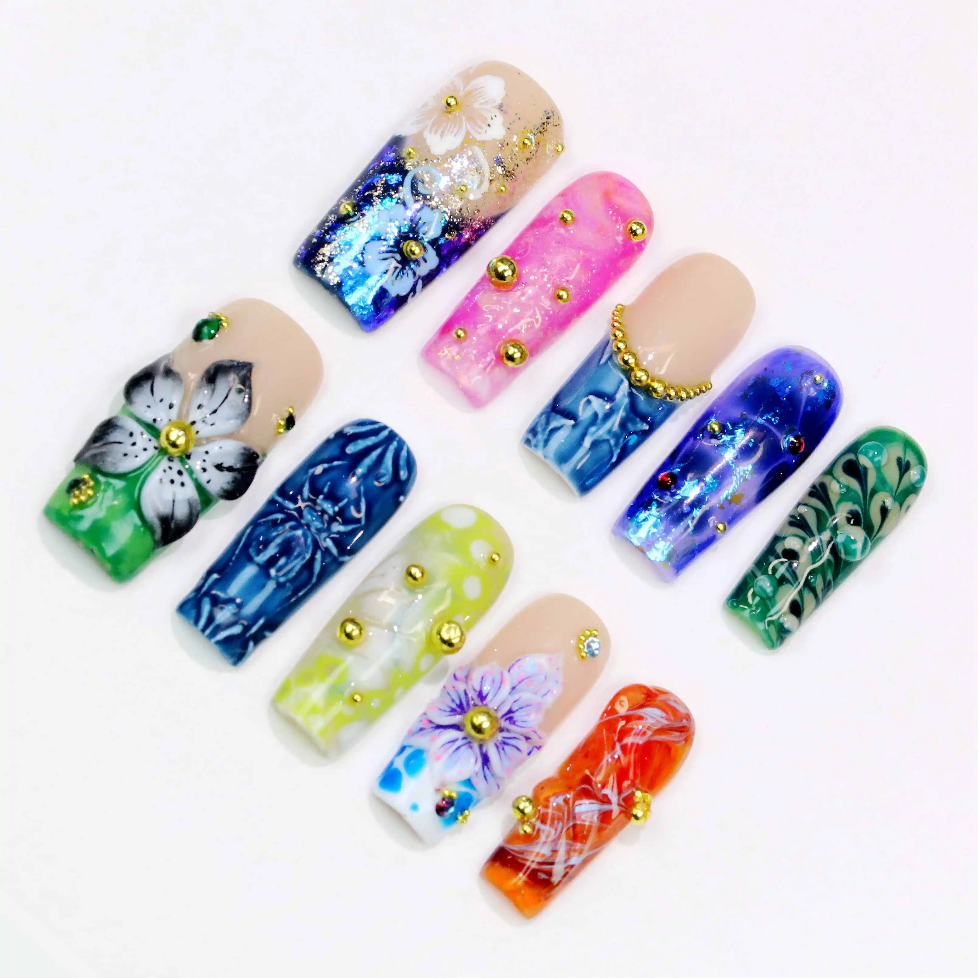 10 قطعة ثلاثية الأبعاد جميلة اليدوية مانيكير الصحافة على الأظافر ، الاكريليك وهمية رسمت باليد طويل التابوت الزهور تصميم مخصص نمط الحرة مسمار