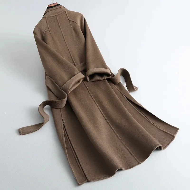 Cappotto di lana double face per donna Slim per l'autunno inverno Nuovo inverno Temperamento di fascia alta Cappotti di lana spessi con cintura