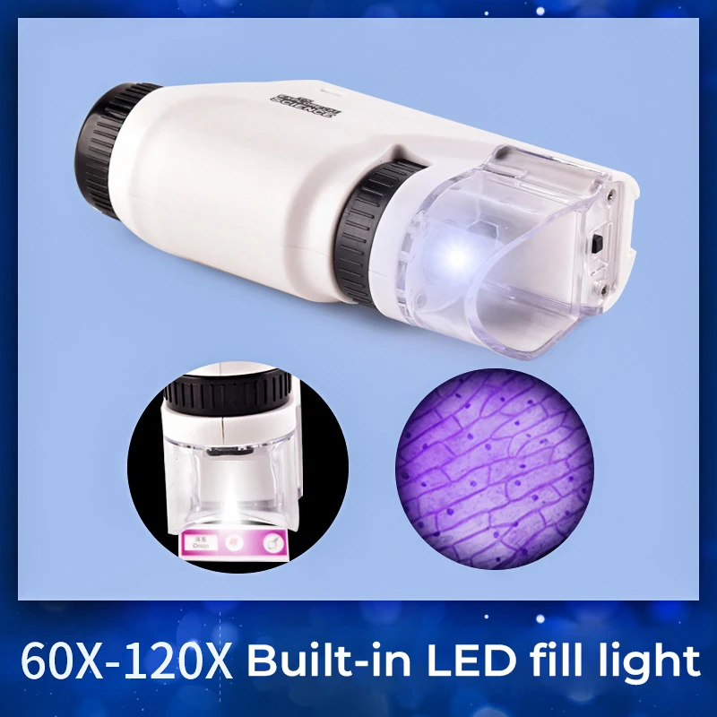 Pocket Microscope Kids Science Toy Kit 60-120x Educational Mini Handheld Microscope with LED Light Outdoor Children Stem Toy