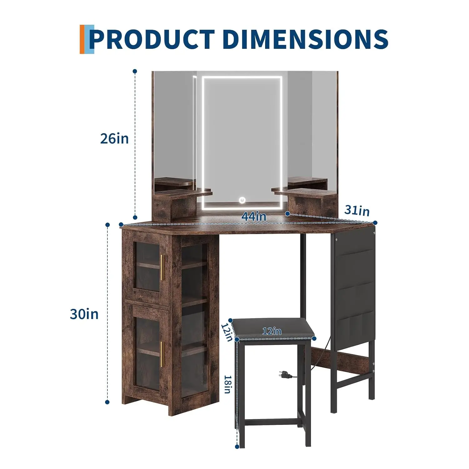 Corner Vanity Desk with LED Mirror & Power Outlet, 3 Light Modes, Storage Cabinet & Stool for Bedroom Dressing Table, Customized