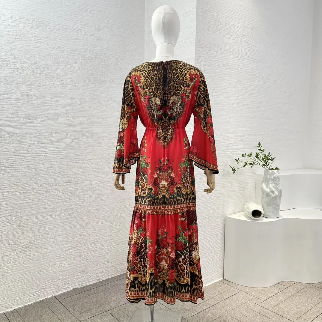 Spring 2024 Red Leopard Animal Rose Flowers Print Long Sleeve Diamonds Pressed Oversize Loose Silk Midi Dress Woman Clothing