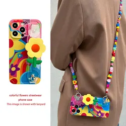 Silicone Phone Case For iPhone 12 11 14 15 Pro 13 Max Plus 2024 Daisy Flower With Lanyard Neck Strap Case Fashion Holder Cover
