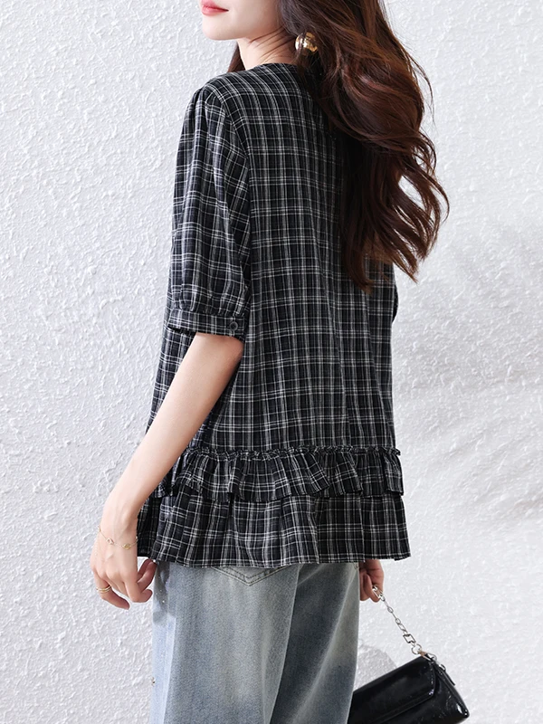 2023 sommer Neue Plaid ort Sve runde Ne Casual Dünne frauen irt Koreanische Sle Lose Fit Regelmäßige Länge Pendeln Sle
