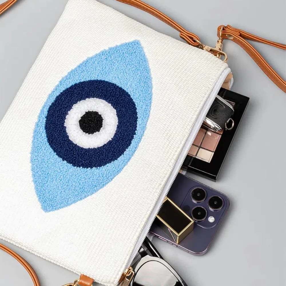 Embroidered Demon Eye Crossbody Bag Soft Detachable Shoulder Strap Blue Eye Handbag White Blue Cotton Shoulder Bag School