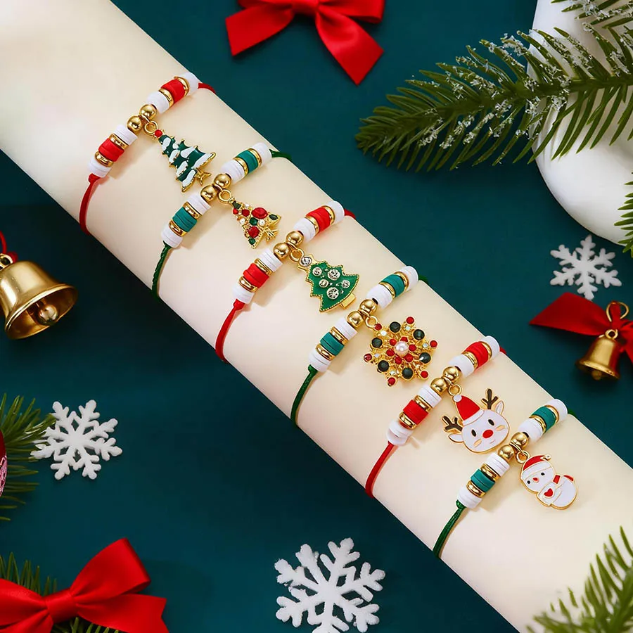 Exquisite Christmas Weaven Bracelet Woman Snowflake Deer Tree Adjustable Knot Polymer Clay Braslet Festival Girls Gift Jewelry