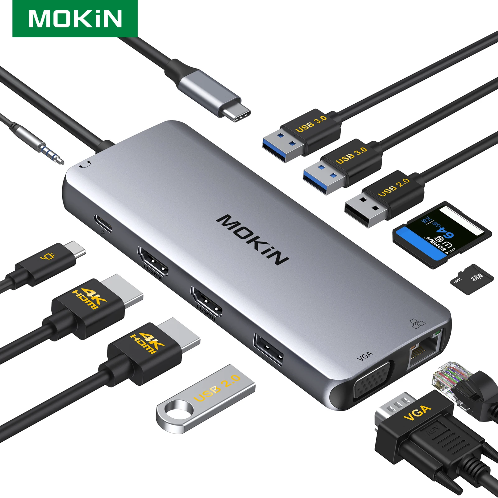 

Док-станция MOKiN USB для MacBook Air/Pro Thunderbolt, двойной HDMI 4K60Hz USB2.0 USB3.0 PD 100W RJ45