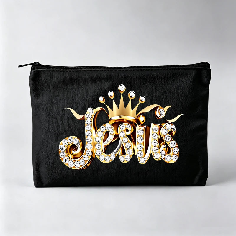 Women's Letter Print Makeup Bag with Crown Design, Fashion Cosmetic Pouch for Daily Use