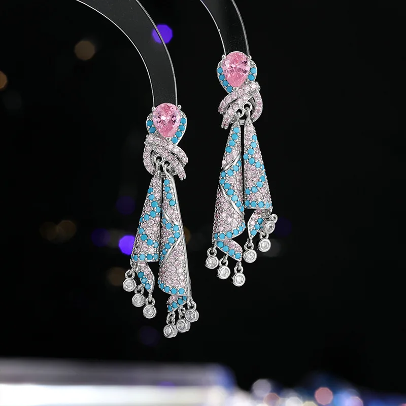 FXLRY Color Silk Earrings Light Luxury High Autumn and Winter Zircon Jewelry Tassel Silver Needle Earrings for Women