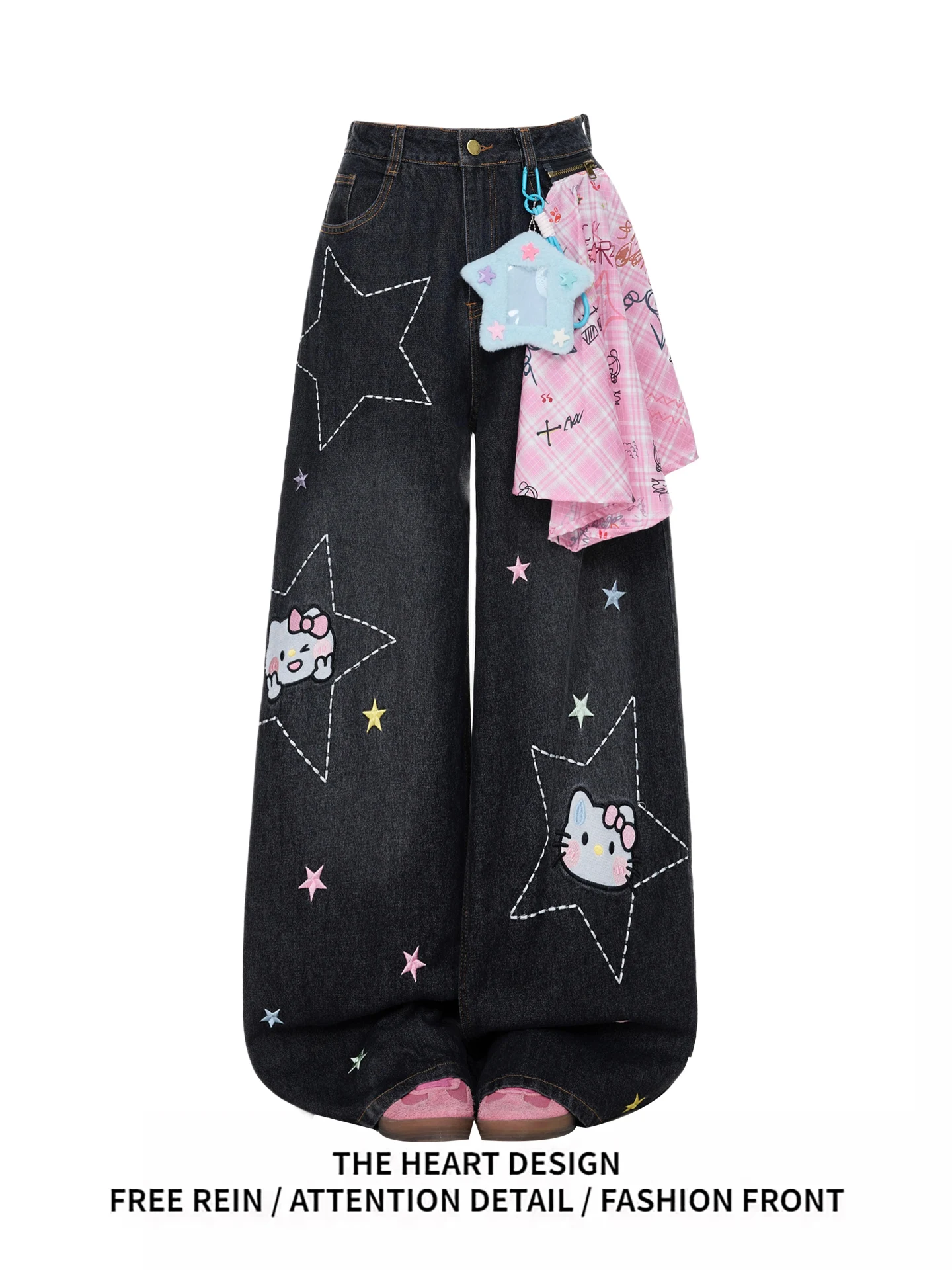 

American Sle Star Embroidery Plaid Scarf Loose Wide Leg Jeans Women's Spring New Design Casual High Waist Straight Leg Pants